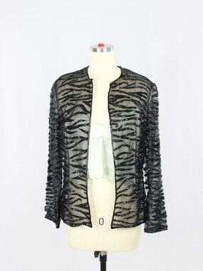 Vintage 80's DAYMOR COUTURE Black Beaded Tiger Stripe Organza Jacket, Size 6